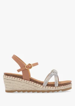 Iknot Diamante Knot Tan Leather Low Wedge Sandals