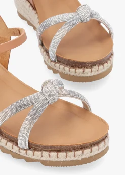 Iknot Diamante Knot Tan Leather Low Wedge Sandals