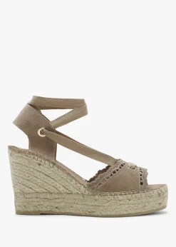 Ilazer Beige Suede Laser Cut Edge Ankle Tie Wedge Espadrilles