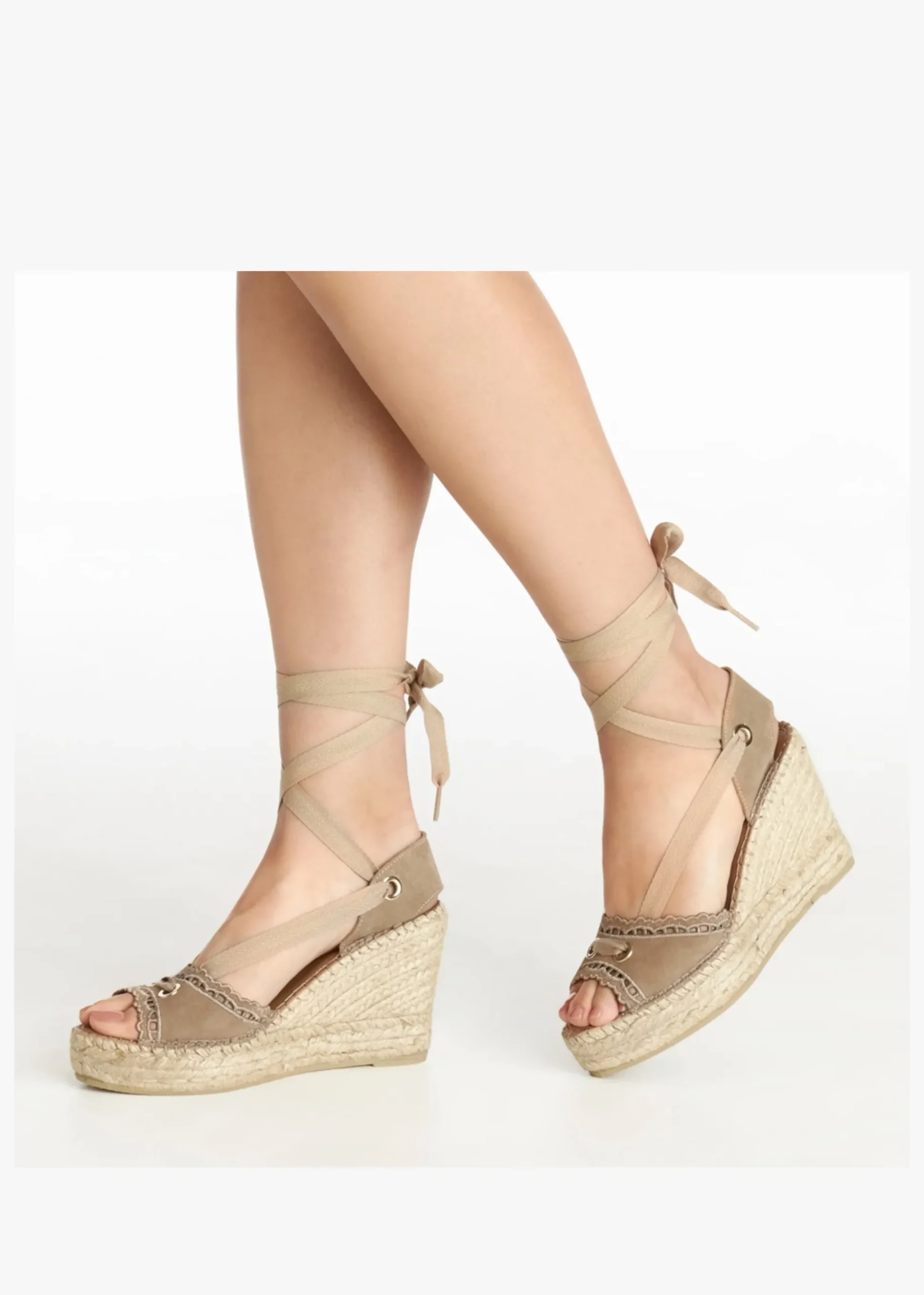 Ilazer Beige Suede Laser Cut Edge Ankle Tie Wedge Espadrilles
