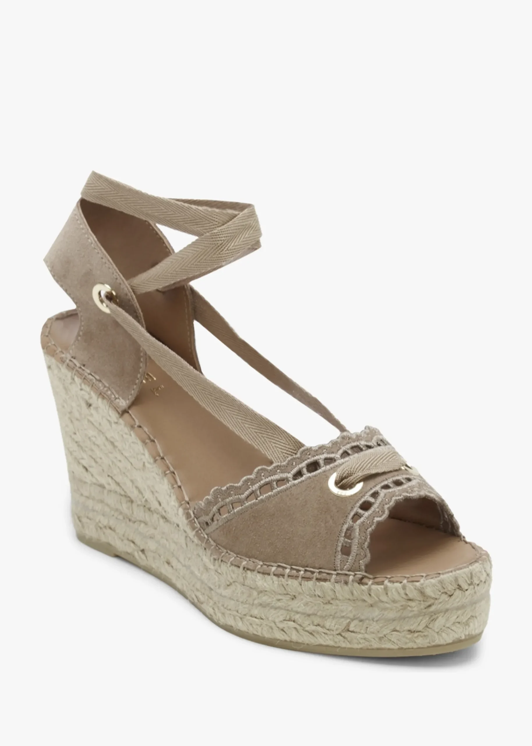 Ilazer Beige Suede Laser Cut Edge Ankle Tie Wedge Espadrilles