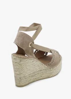 Ilazer Beige Suede Laser Cut Edge Ankle Tie Wedge Espadrilles