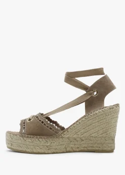 Ilazer Beige Suede Laser Cut Edge Ankle Tie Wedge Espadrilles
