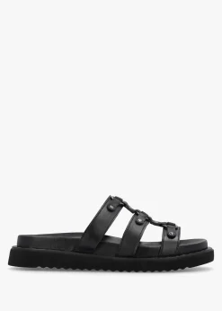 Ilene Black Leather Three Bar Chunky Mules