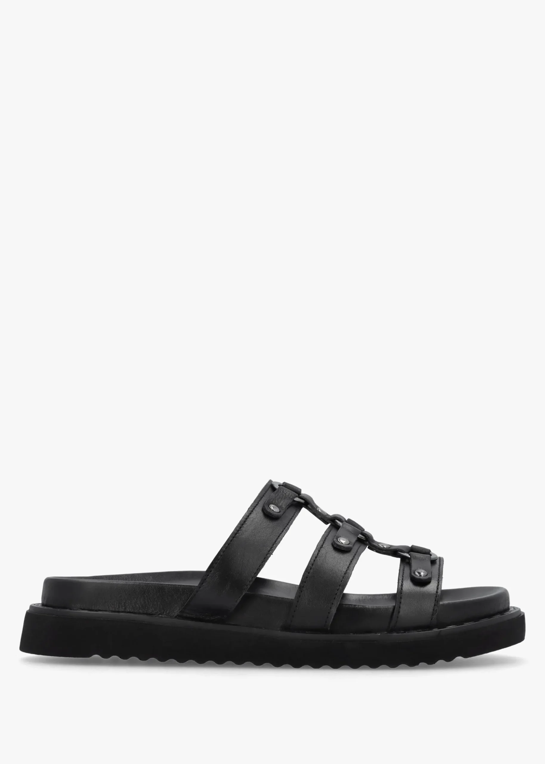 Ilene Black Leather Three Bar Chunky Mules
