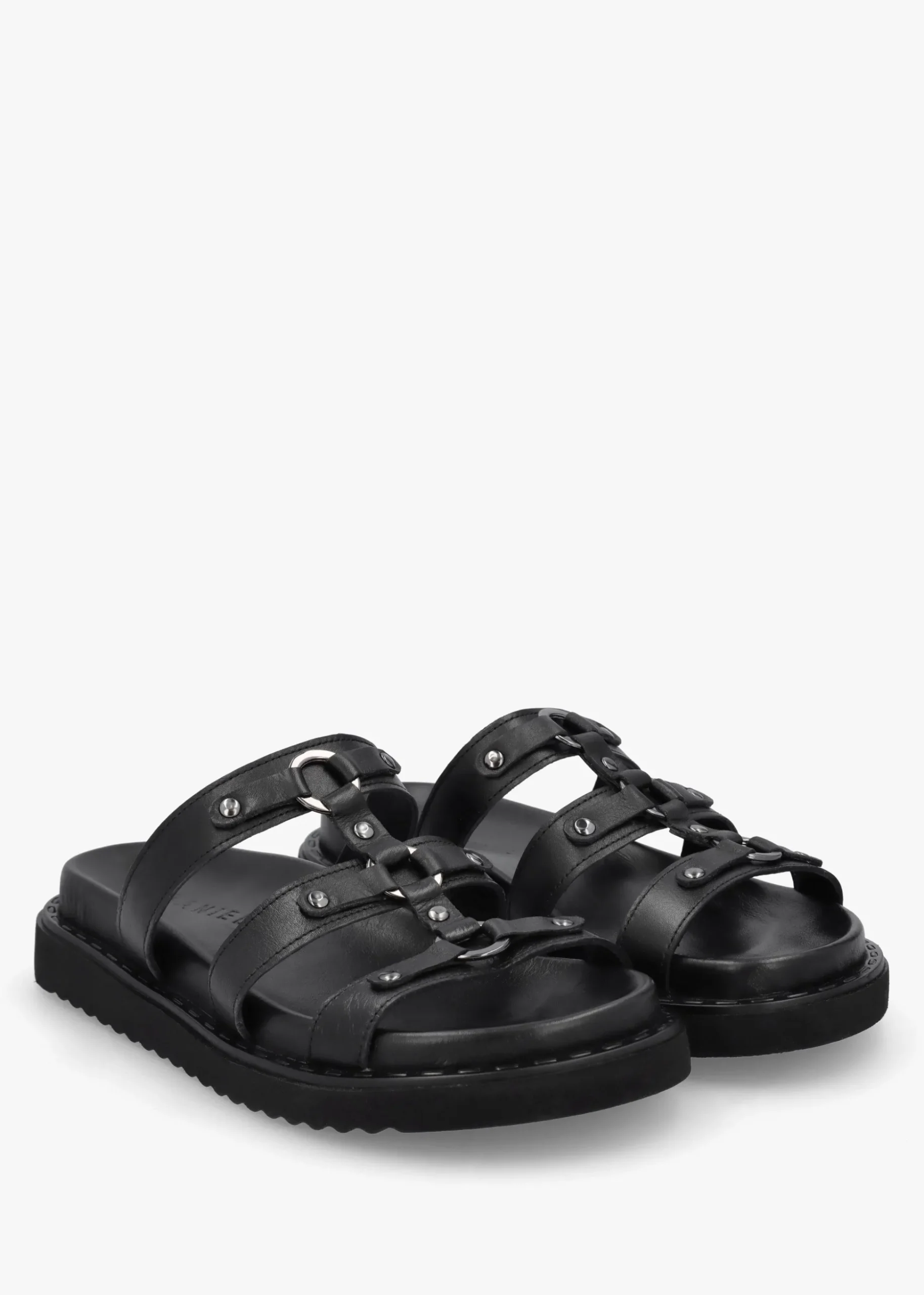 Ilene Black Leather Three Bar Chunky Mules