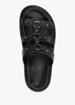 Ilene Black Leather Three Bar Chunky Mules