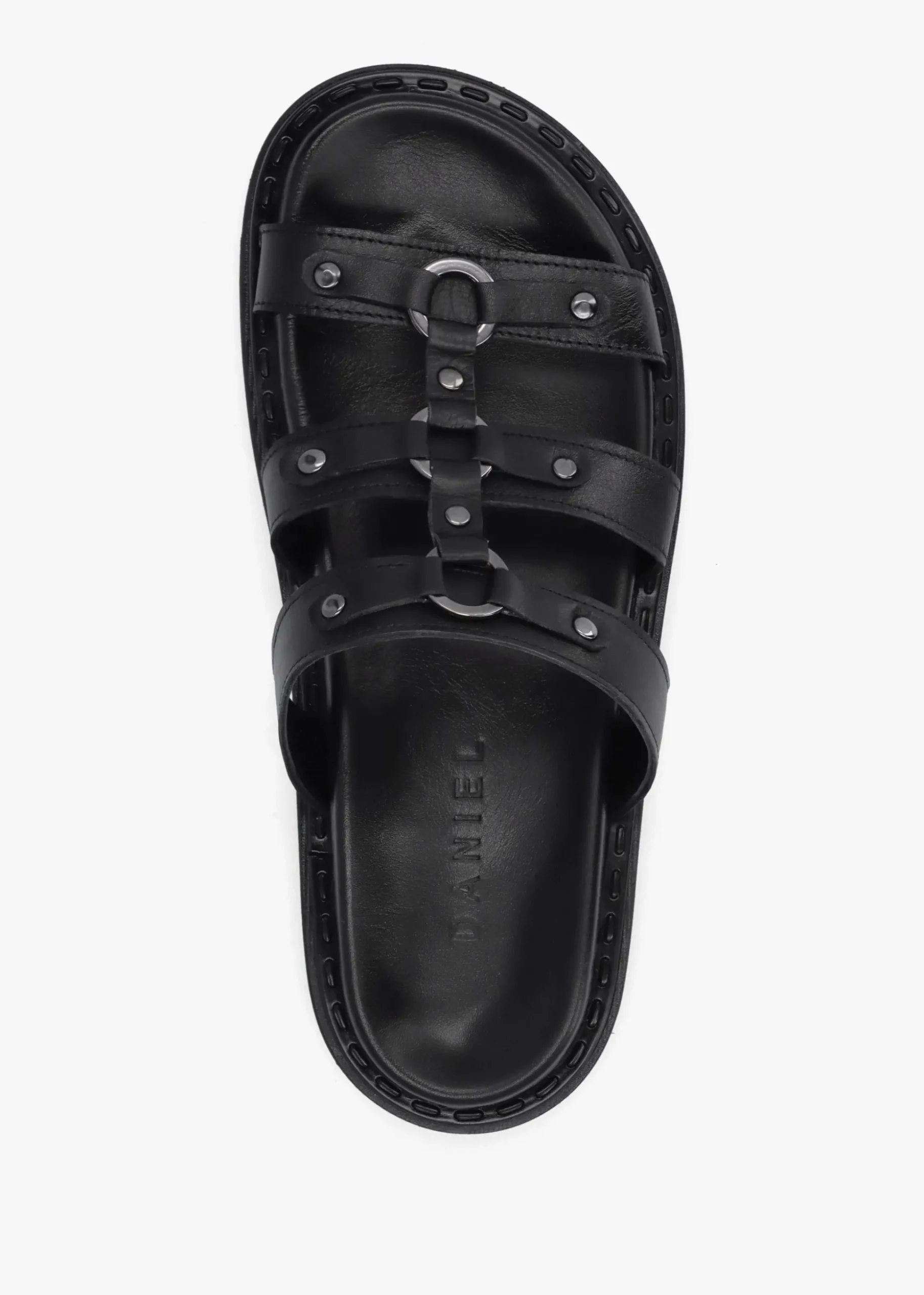 Ilene Black Leather Three Bar Chunky Mules