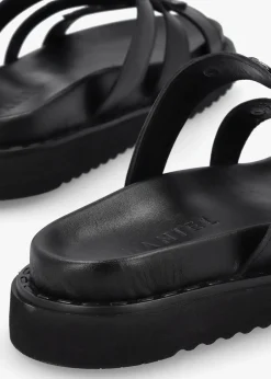 Ilene Black Leather Three Bar Chunky Mules