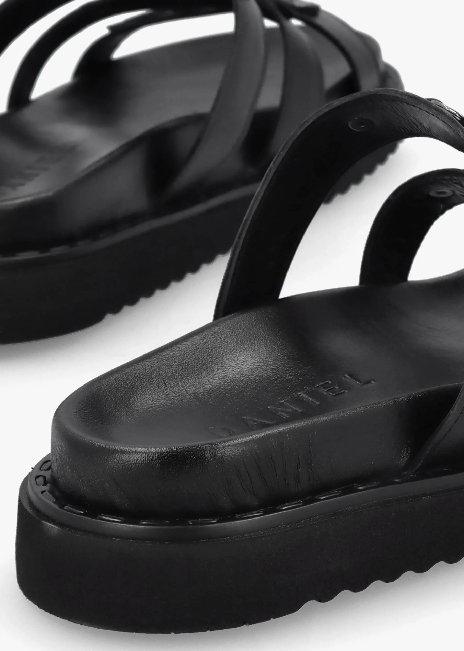 Ilene Black Leather Three Bar Chunky Mules
