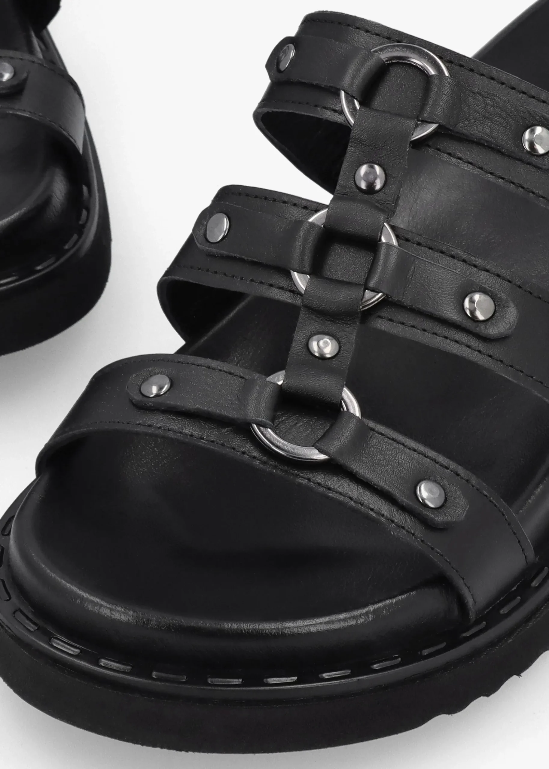 Ilene Black Leather Three Bar Chunky Mules