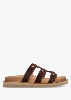 Ilene Brown Suede Three Bar Chunky Mules