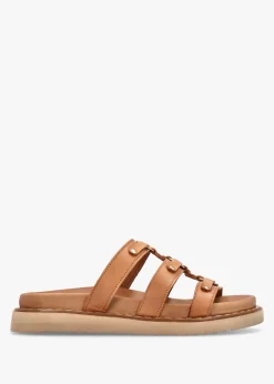 Ilene Tan Leather Three Bar Chunky Mules