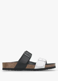 Imule Split Black & White Leather Two Bar Mules