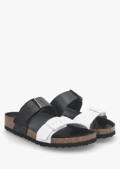 Imule Split Black & White Leather Two Bar Mules