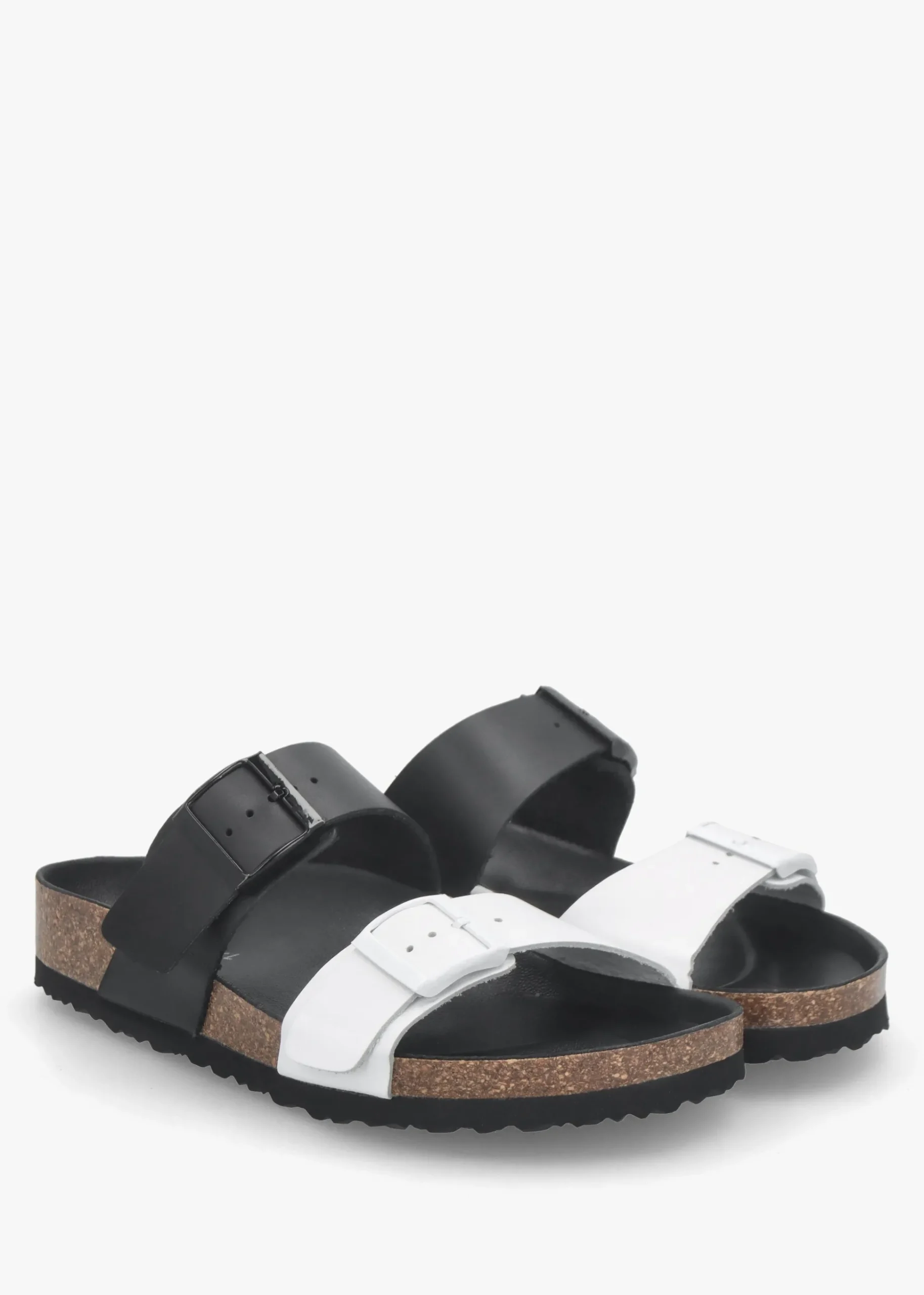 Imule Split Black & White Leather Two Bar Mules