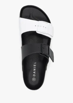 Imule Split Black & White Leather Two Bar Mules