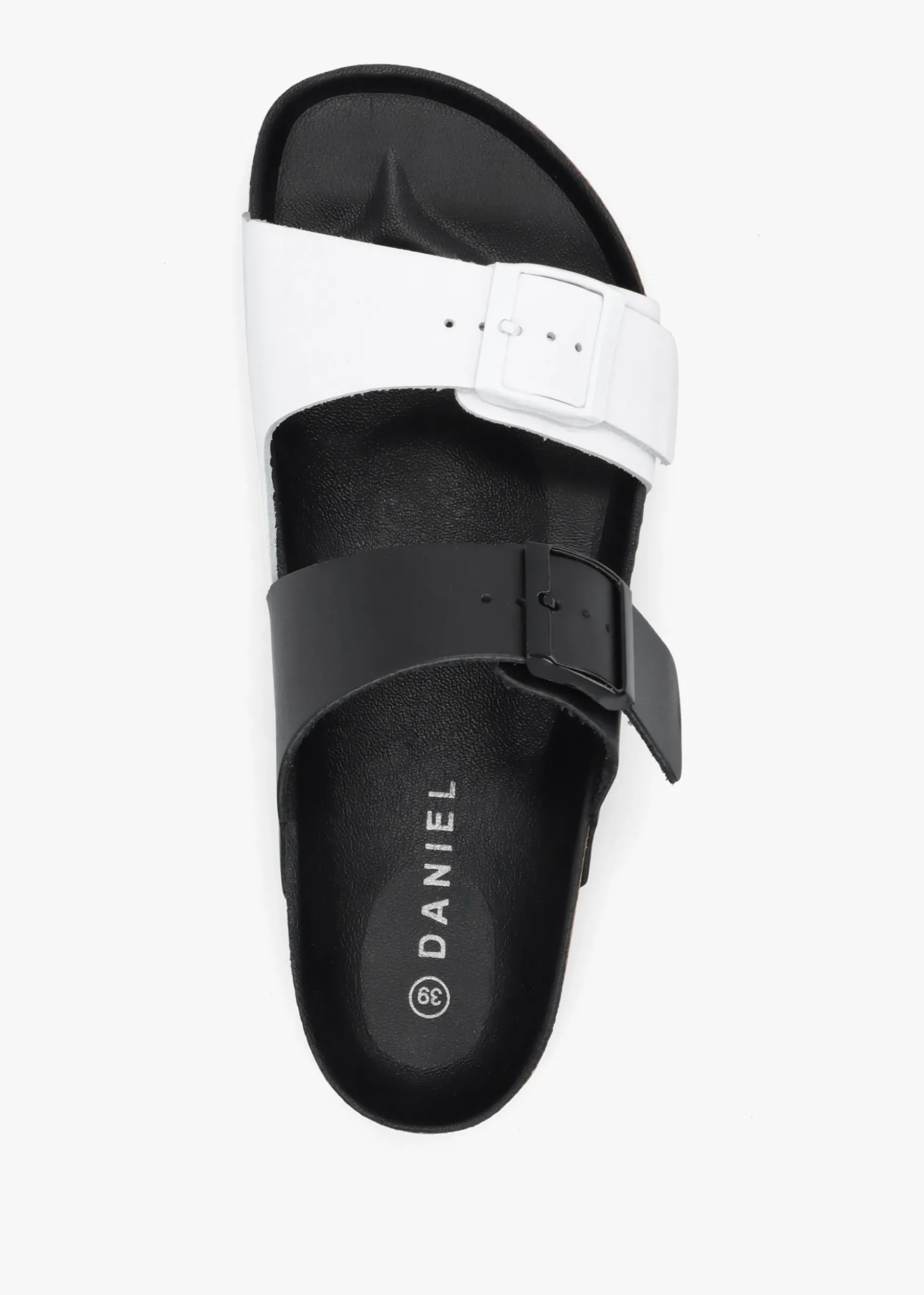 Imule Split Black & White Leather Two Bar Mules