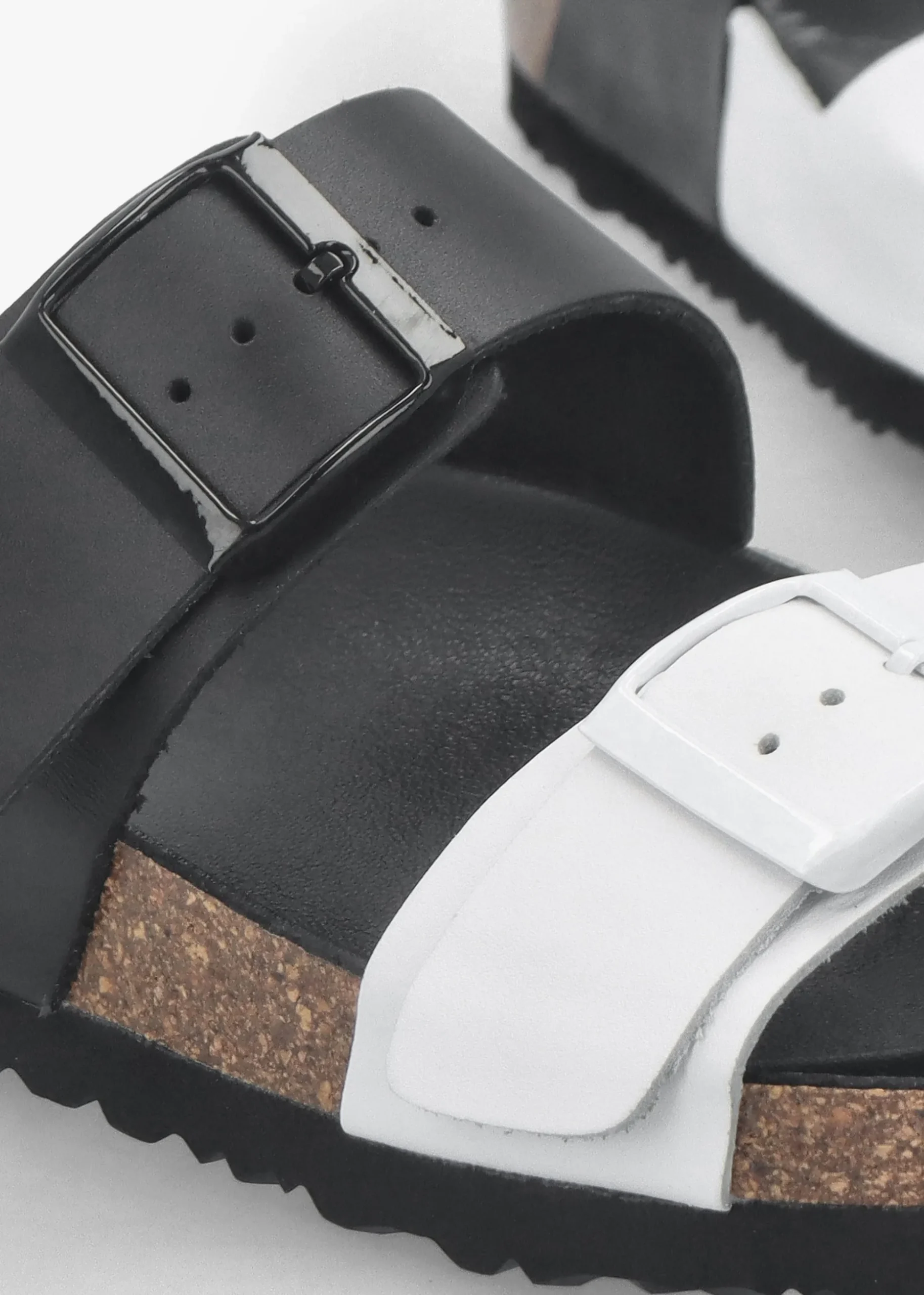 Imule Split Black & White Leather Two Bar Mules