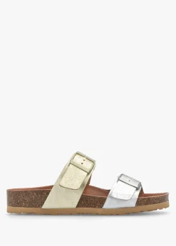 Imule Split Gold & Silver Leather Two Bar Mules