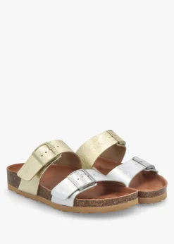 Imule Split Gold & Silver Leather Two Bar Mules
