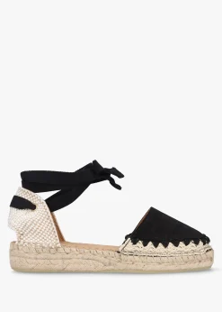 Istitch Black Suede Tie Fastening Flat Espadrilles