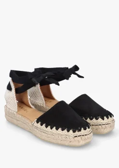 Istitch Black Suede Tie Fastening Flat Espadrilles