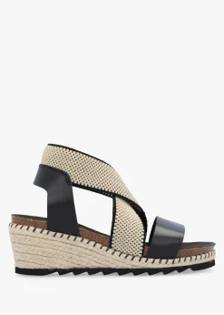 Iwedge Black Leather Elasticated Cross Strap Wedge Sandals
