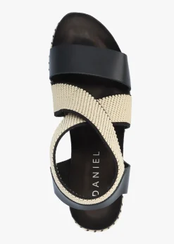 Iwedge Black Leather Elasticated Cross Strap Wedge Sandals