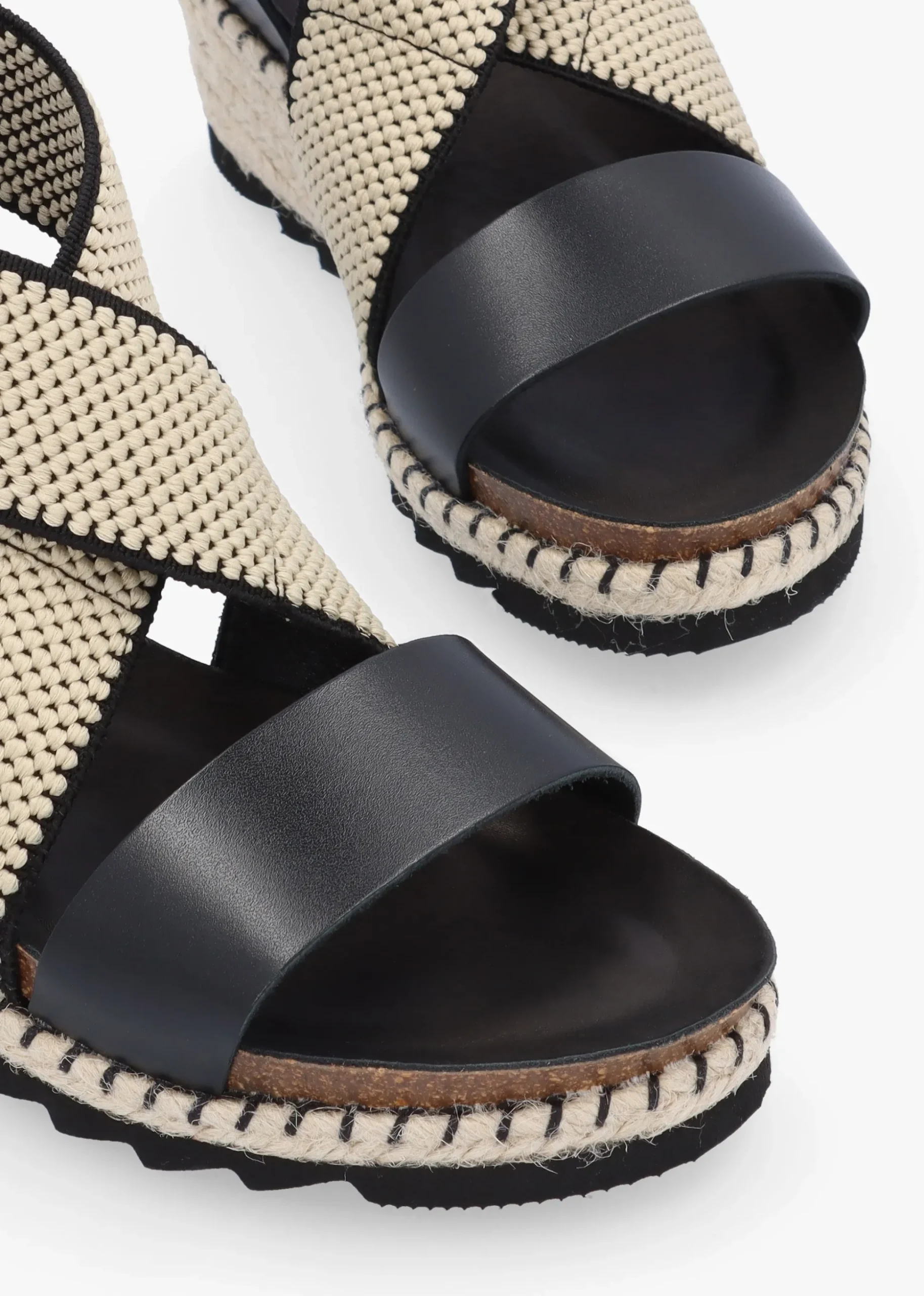 Iwedge Black Leather Elasticated Cross Strap Wedge Sandals