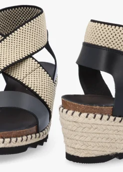 Iwedge Black Leather Elasticated Cross Strap Wedge Sandals