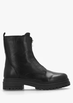 Izippe Black Leather Front Zip Ankle Boots