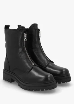 Izippe Black Leather Front Zip Ankle Boots
