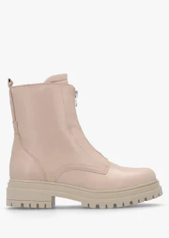Izippe Cream Leather Front Zip Ankle Boots