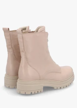Izippe Cream Leather Front Zip Ankle Boots