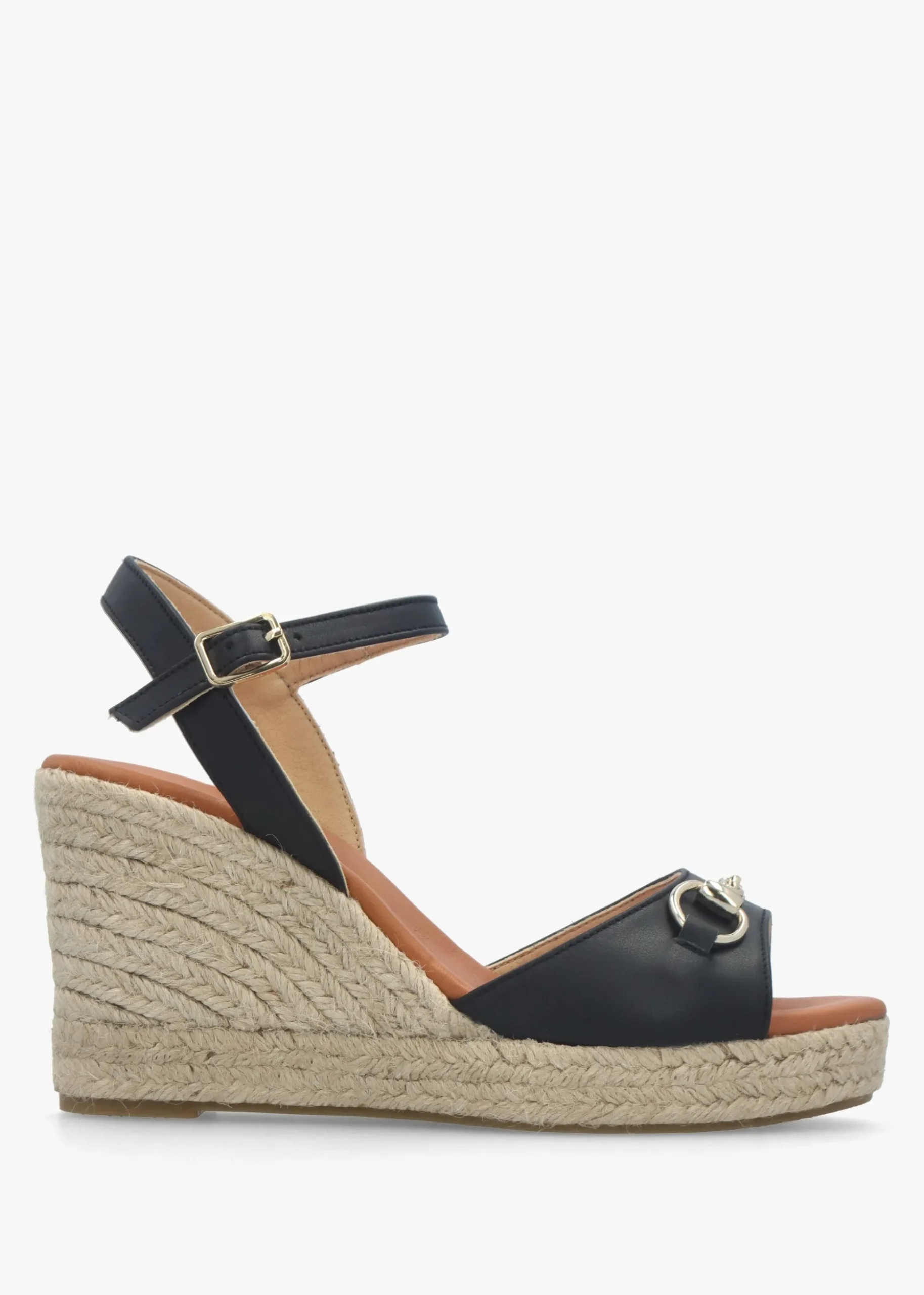 Jaffle Black Leather Snaffle Wedge Espadrilles