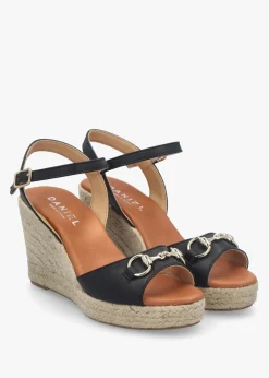 Jaffle Black Leather Snaffle Wedge Espadrilles