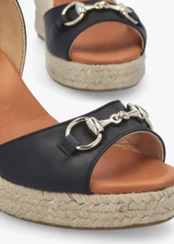 Jaffle Black Leather Snaffle Wedge Espadrilles