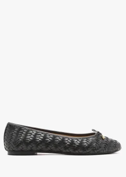 Jayna Black Leather Woven Ballet Pumps