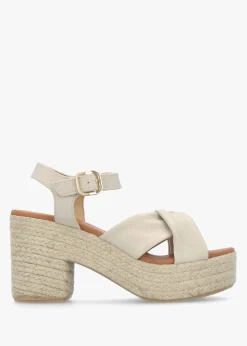 Jelly Cream Leather Cross Strap Jute Block Heel Sandals