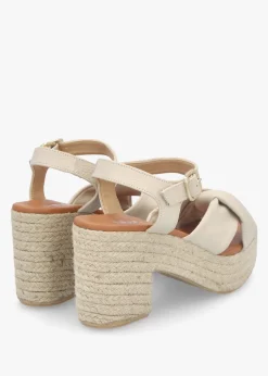 Jelly Cream Leather Cross Strap Jute Block Heel Sandals