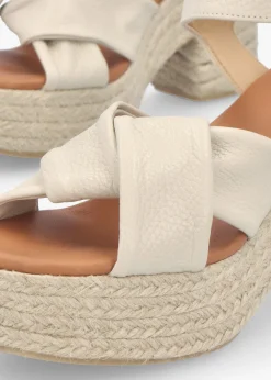 Jelly Cream Leather Cross Strap Jute Block Heel Sandals