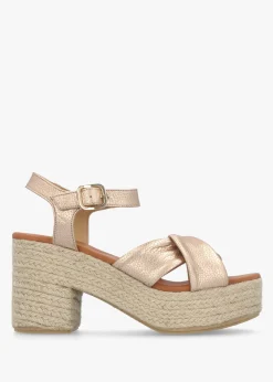 Jelly Rose Gold Leather Cross Strap Jute Block Heel Sandals