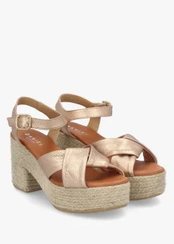 Jelly Rose Gold Leather Cross Strap Jute Block Heel Sandals