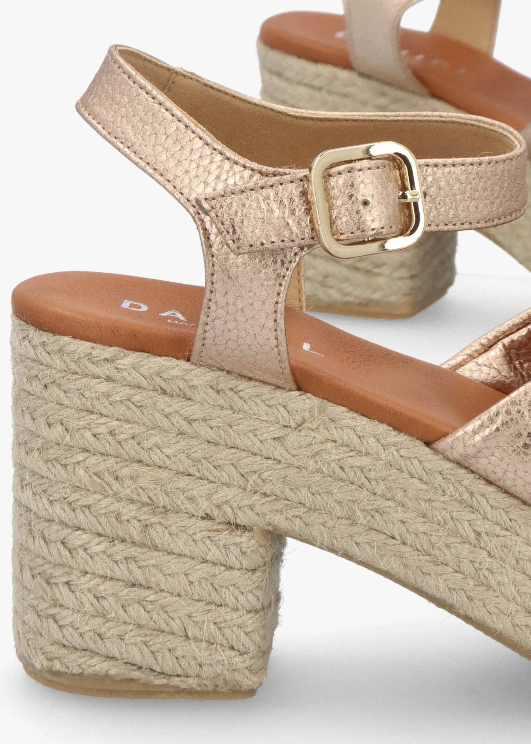 Jelly Rose Gold Leather Cross Strap Jute Block Heel Sandals