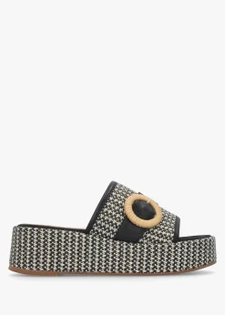 Jono Black Monogram Woven Raffia Flatform Mules