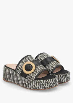 Jono Black Monogram Woven Raffia Flatform Mules