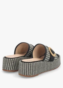 Jono Black Monogram Woven Raffia Flatform Mules