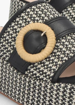 Jono Black Monogram Woven Raffia Flatform Mules