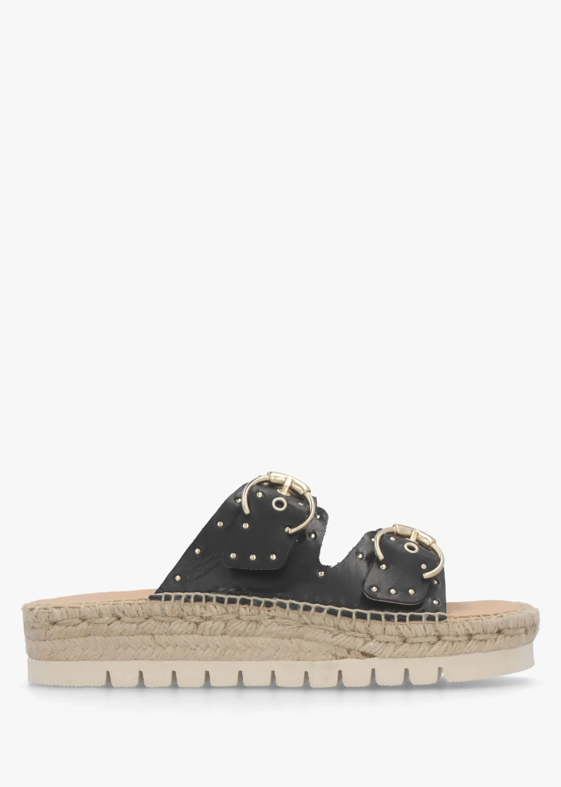 Jools Black Leather Studded Flatform Espadrille Mules